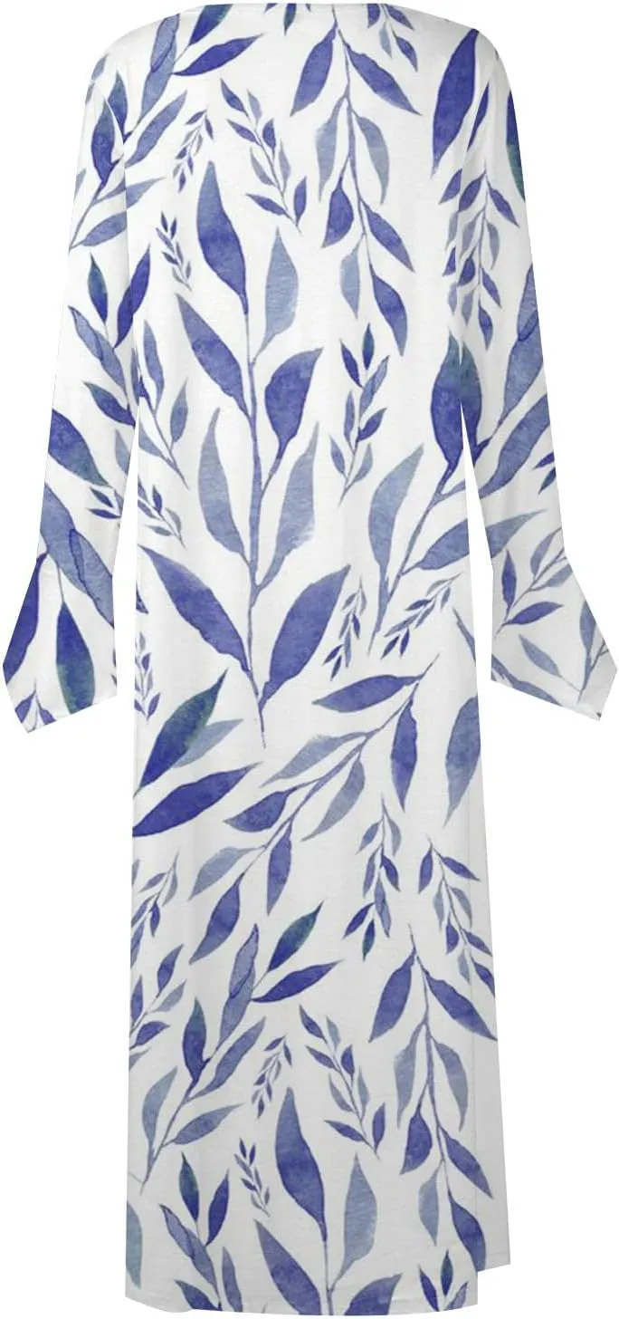 Women's 2023 Fall Plus Size Long Sleeve 1/4 Button V Neck Smocked Boho Floral Midi Dress with Pockets