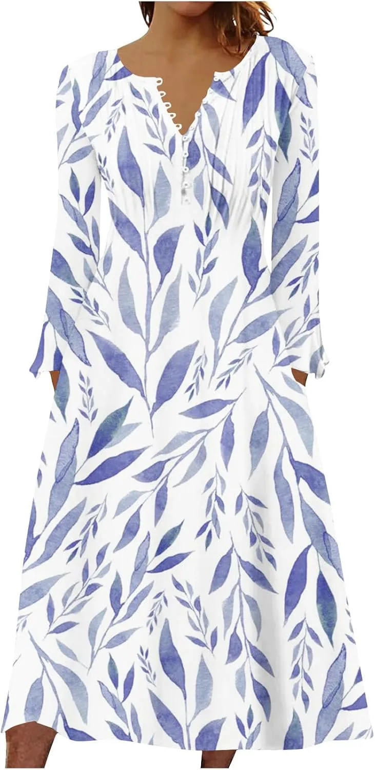 Women's 2023 Fall Plus Size Long Sleeve 1/4 Button V Neck Smocked Boho Floral Midi Dress with Pockets