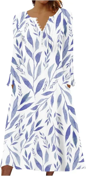 Women's 2023 Fall Plus Size Long Sleeve 1/4 Button V Neck Smocked Boho Floral Midi Dress with Pockets