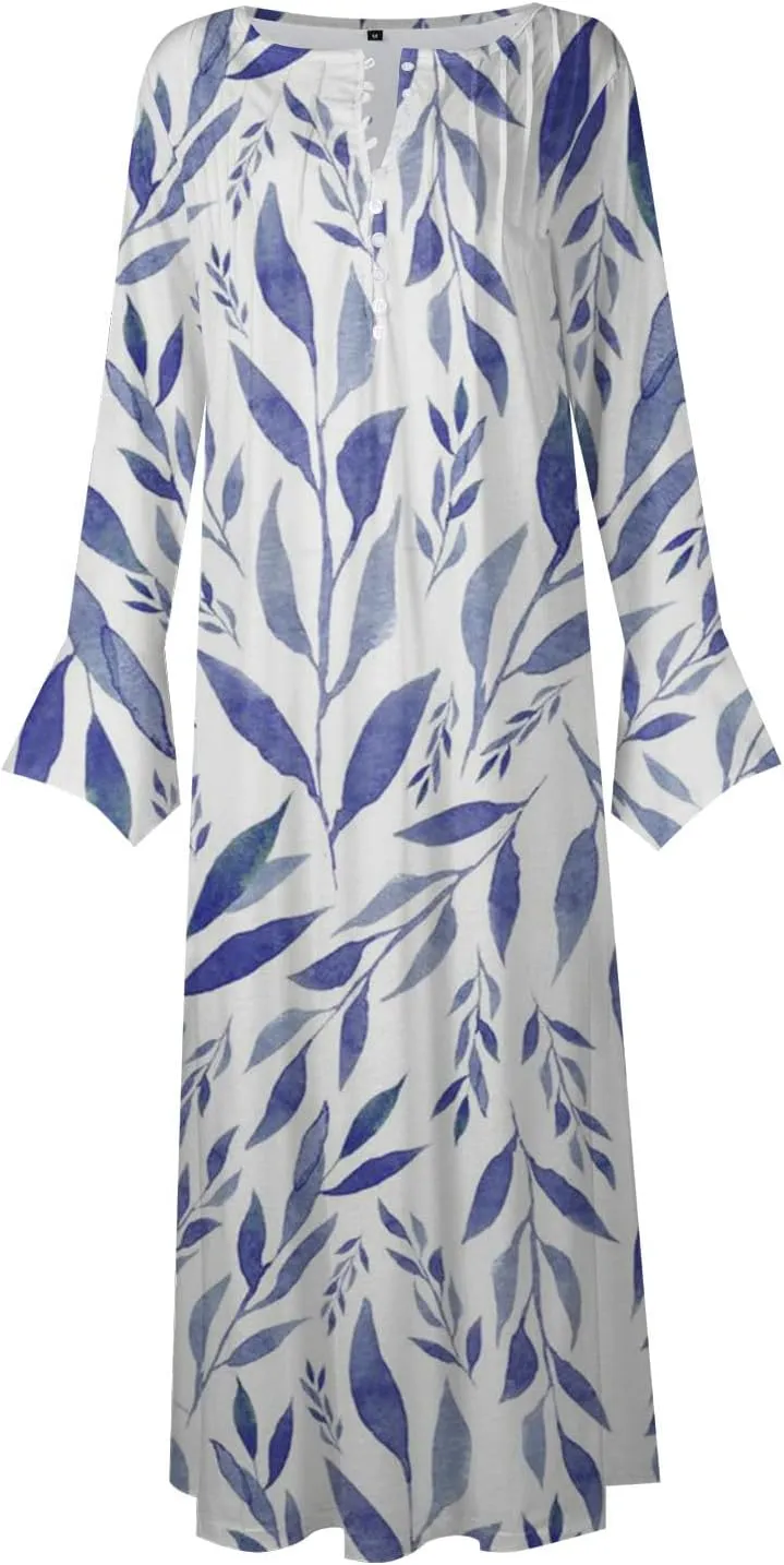 Women's 2023 Fall Plus Size Long Sleeve 1/4 Button V Neck Smocked Boho Floral Midi Dress with Pockets