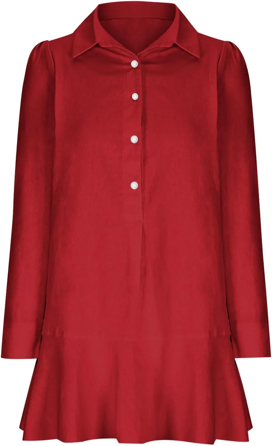 Womens 2024 Summer Casual Button Down Dress 3/4 Rolled-Up Sleeve Loose Ruffle Mini Dress Solid Color Shirts Sun Dress