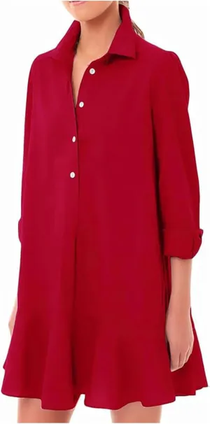 Womens 2024 Summer Casual Button Down Dress 3/4 Rolled-Up Sleeve Loose Ruffle Mini Dress Solid Color Shirts Sun Dress