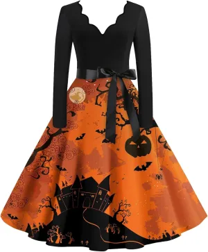 Womens 2024 Summer Fall Casual Fashion Long Sleeve Christmas Halloween Graphic Printed Classic Vintage Dresses