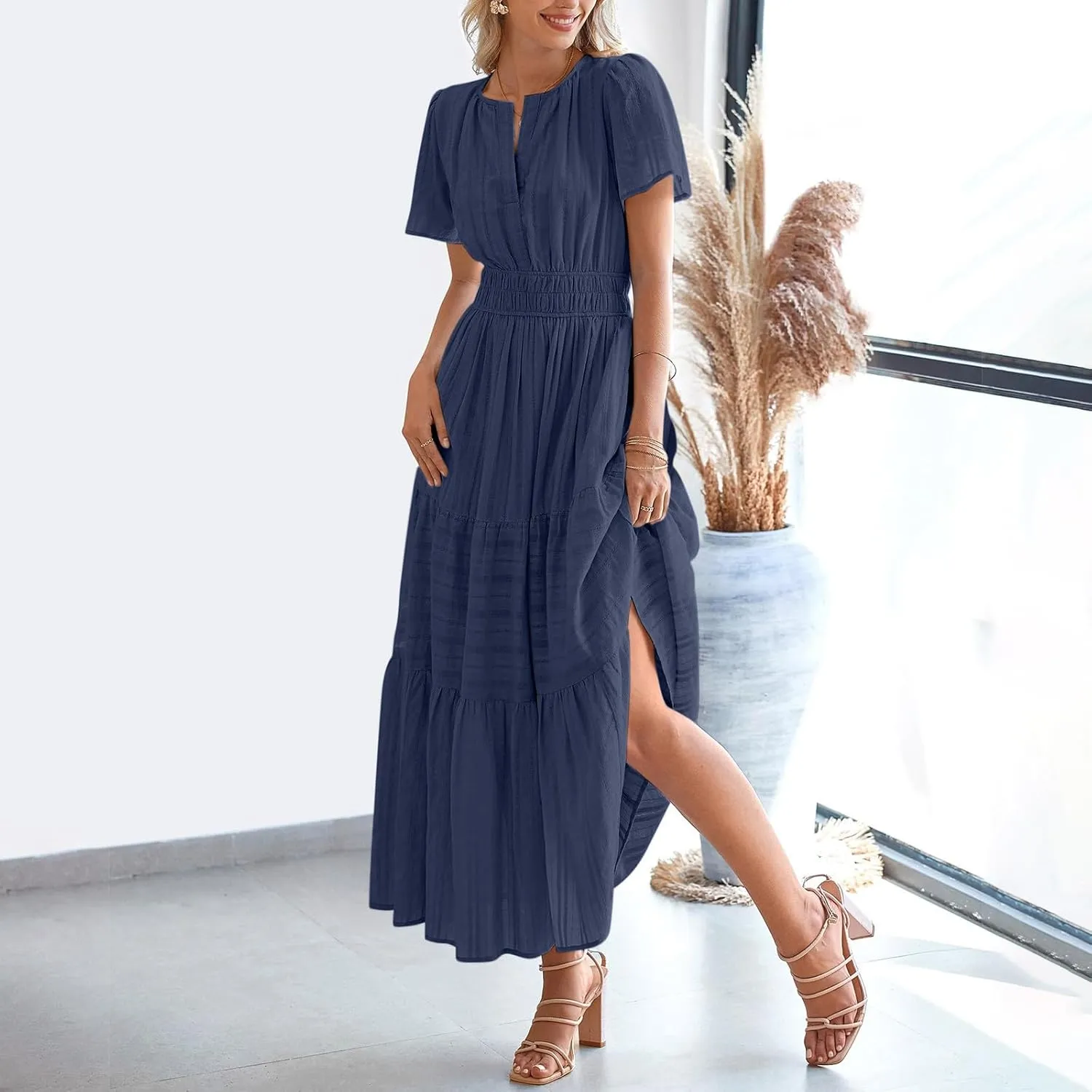 Women's 2025 Casual Summer Beach Maxi Dresses Short Sleeve V Neck Boho Swing Dress Fashion Vacation Long Sundress