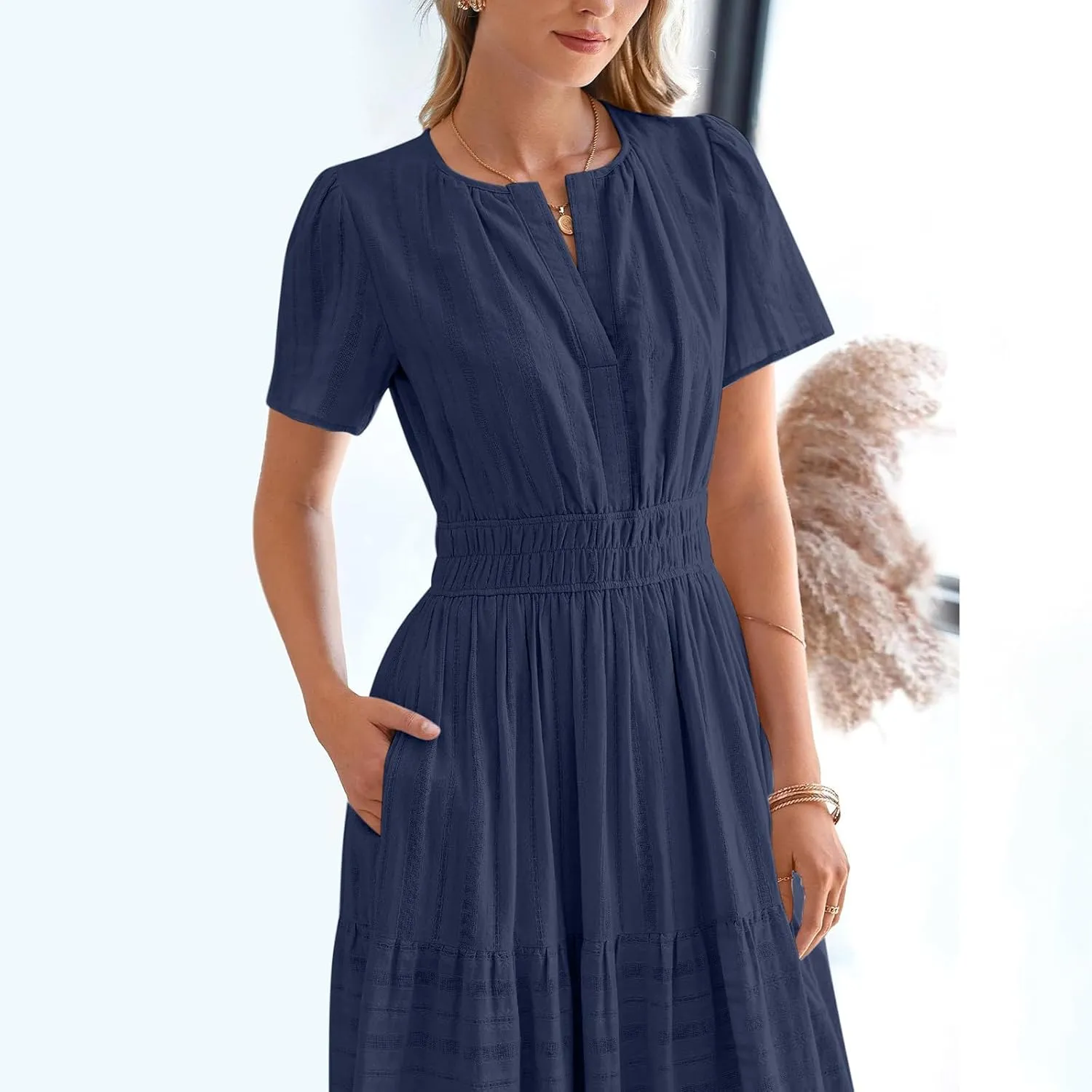 Women's 2025 Casual Summer Beach Maxi Dresses Short Sleeve V Neck Boho Swing Dress Fashion Vacation Long Sundress