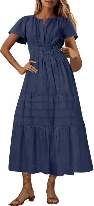 Women's 2025 Casual Summer Beach Maxi Dresses Short Sleeve V Neck Boho Swing Dress Fashion Vacation Long Sundress