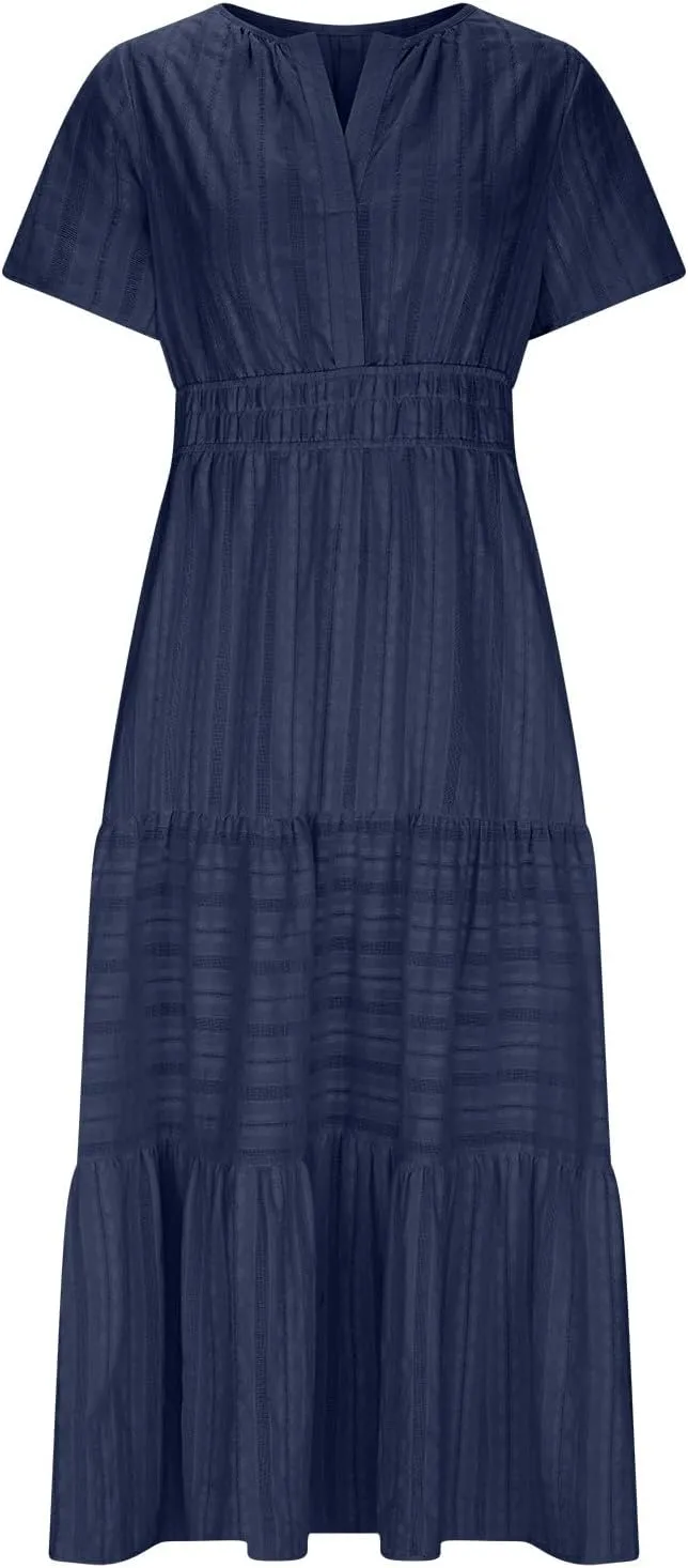 Women's 2025 Casual Summer Beach Maxi Dresses Short Sleeve V Neck Boho Swing Dress Fashion Vacation Long Sundress