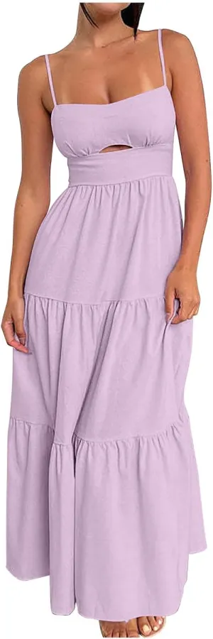 Womens 2025 Summer Maxi Dress Casual Sleeveless Spaghetti Strap Ruffle Beach Long Dress Sexy Boho Vacation Sundress