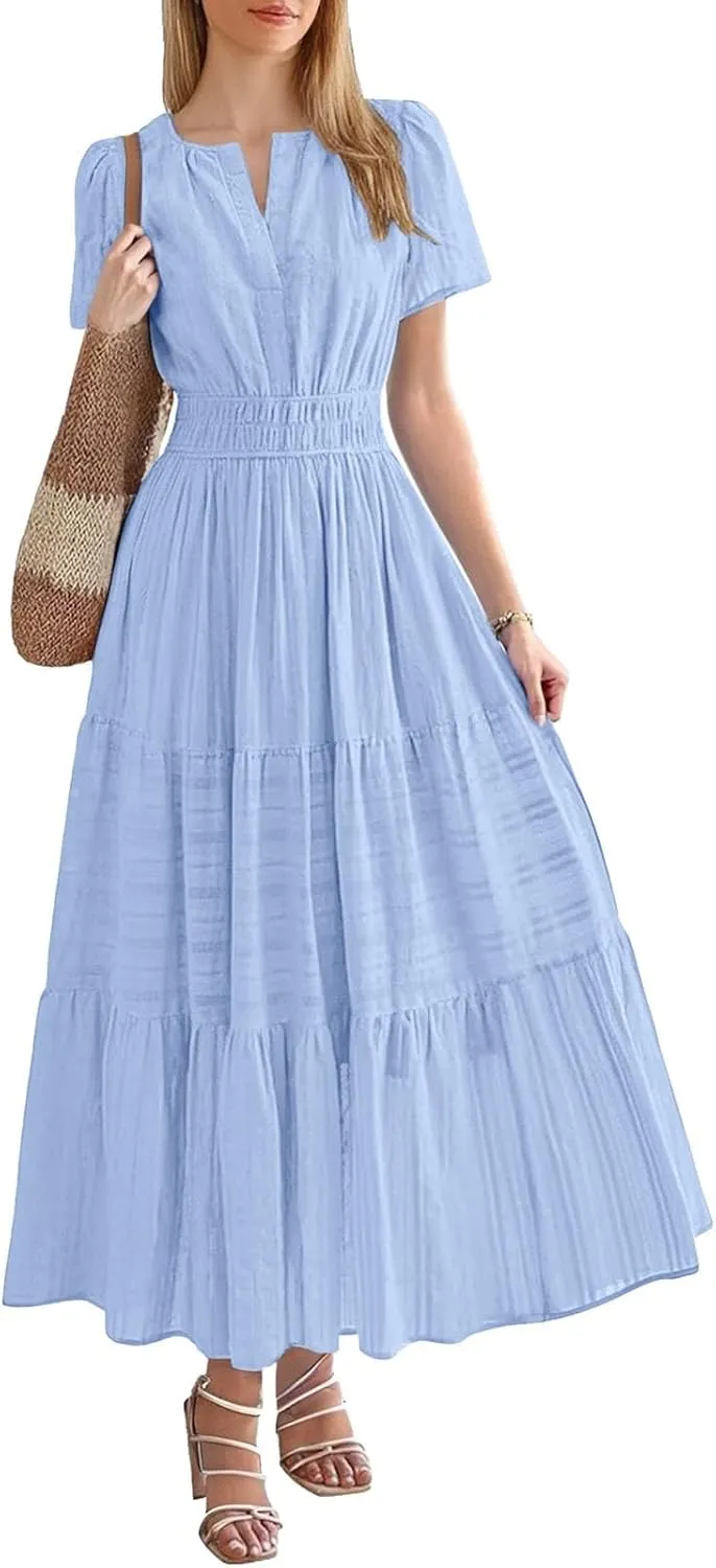 Womens 2025 Summer Puff Short Sleeve Midi Dress V Neck Floral Textured Ruffle Flowy Beach Party Dresses