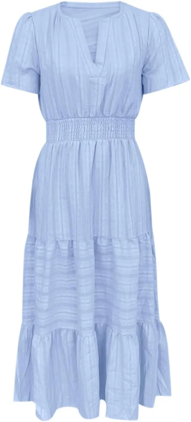 Womens 2025 Summer Puff Short Sleeve Midi Dress V Neck Floral Textured Ruffle Flowy Beach Party Dresses