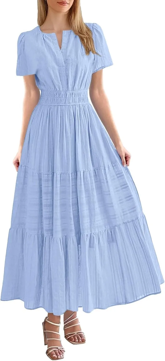 Womens 2025 Summer Puff Short Sleeve Midi Dress V Neck Floral Textured Ruffle Flowy Beach Party Dresses