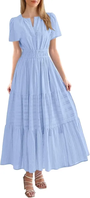 Womens 2025 Summer Puff Short Sleeve Midi Dress V Neck Floral Textured Ruffle Flowy Beach Party Dresses