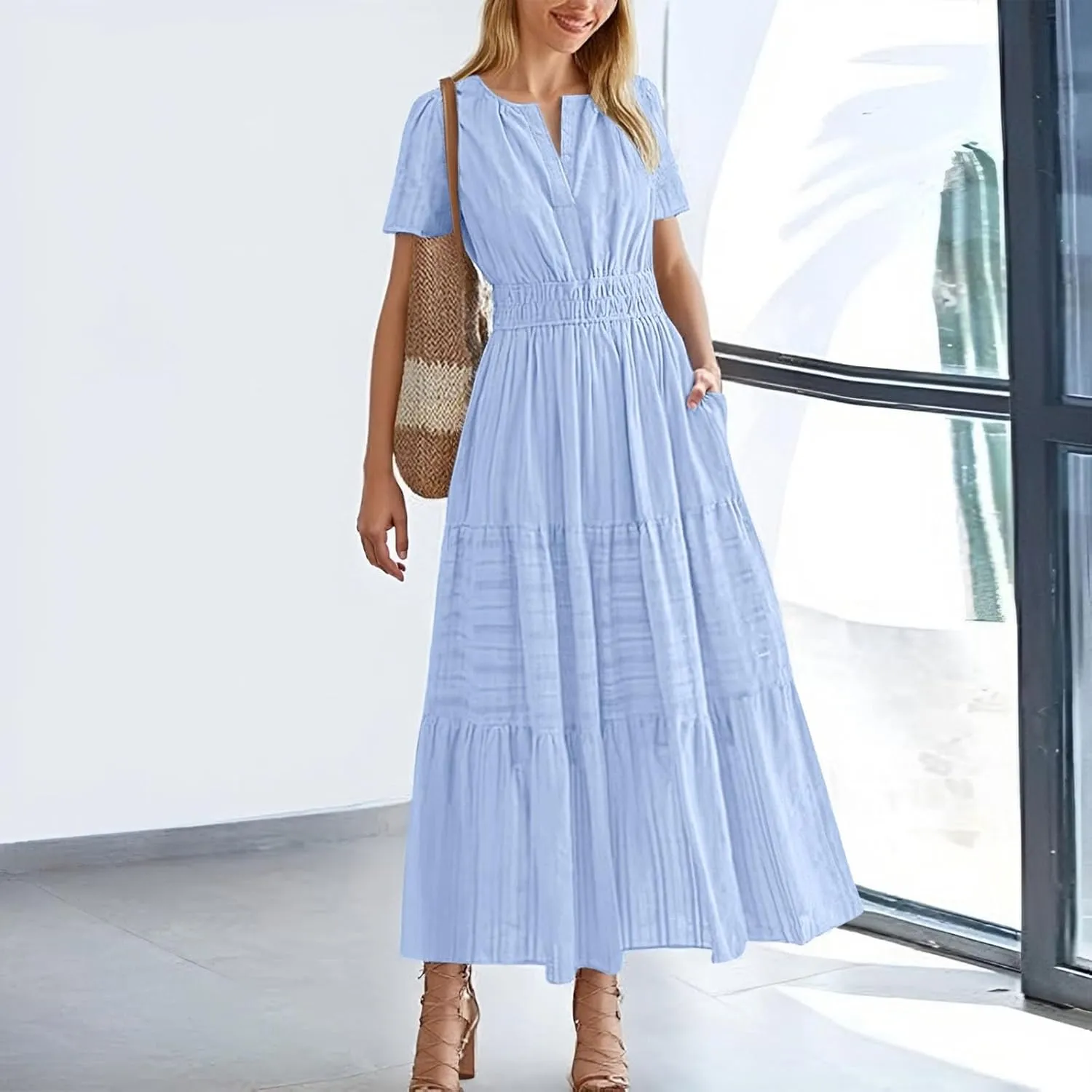 Womens 2025 Summer Puff Short Sleeve Midi Dress V Neck Floral Textured Ruffle Flowy Beach Party Dresses