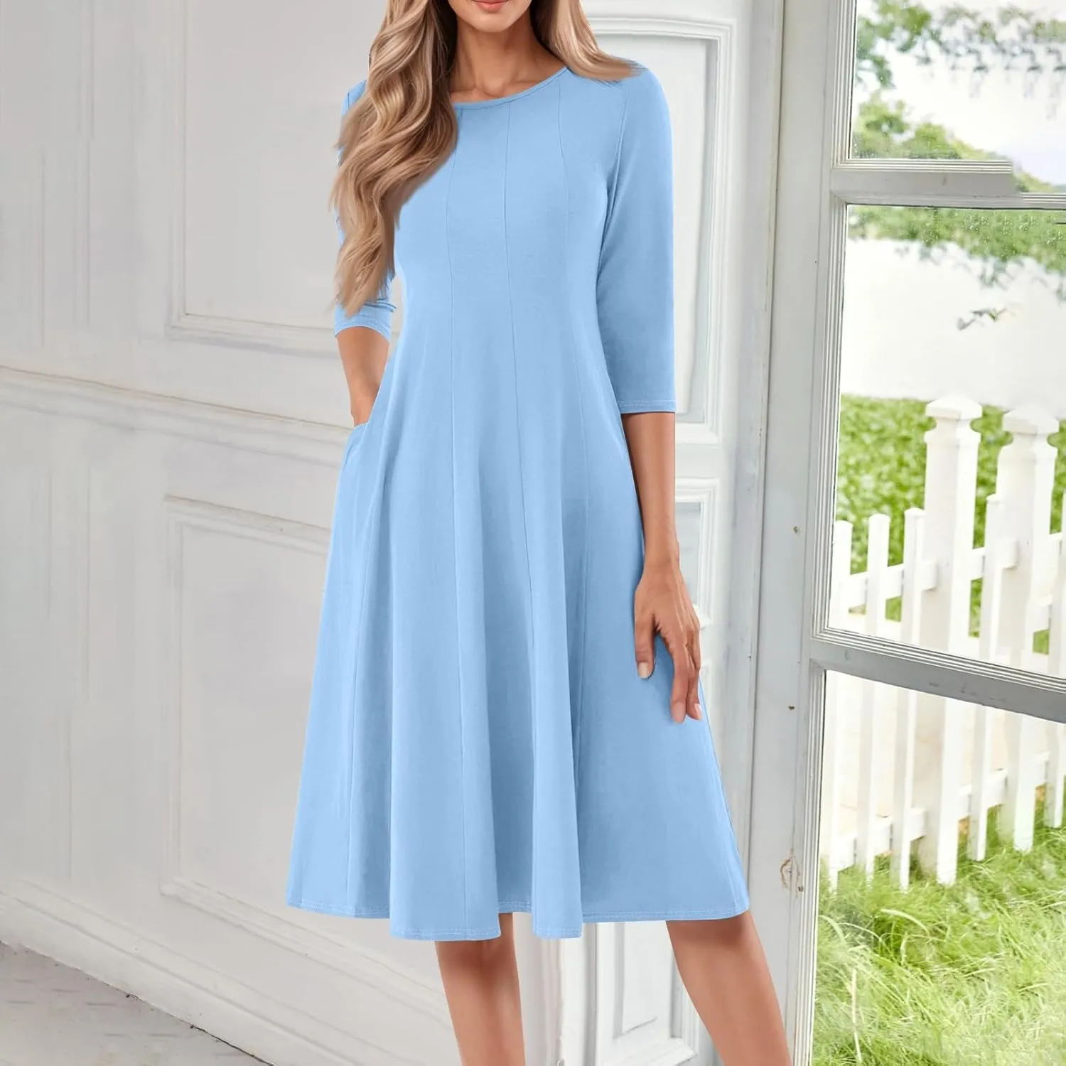Women's 3/4 Sleeve A-line and Flare Midi Long Dress 2025 Spring Summer Casual Modest Petite Dresses