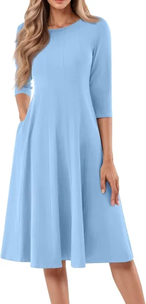 Women's 3/4 Sleeve A-line and Flare Midi Long Dress 2025 Spring Summer Casual Modest Petite Dresses
