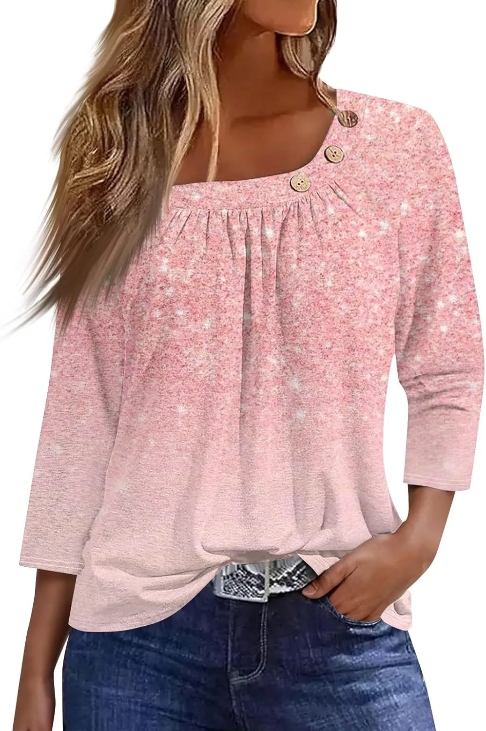 Womens 3/4 Sleeve Blouses Dressy Casual Loose Fit Shirts Button Decor Summer Trendy Tunic Tops