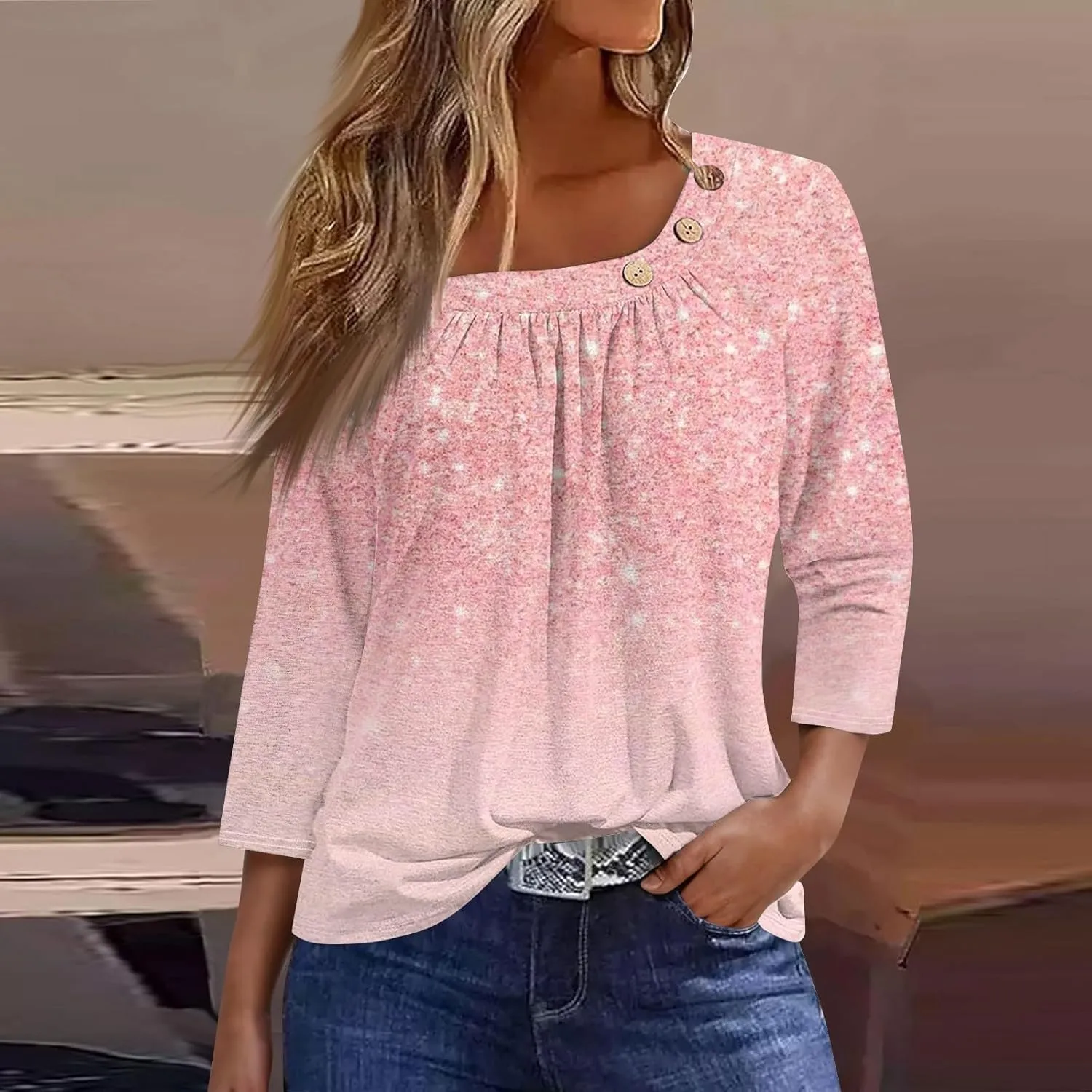 Womens 3/4 Sleeve Blouses Dressy Casual Loose Fit Shirts Button Decor Summer Trendy Tunic Tops
