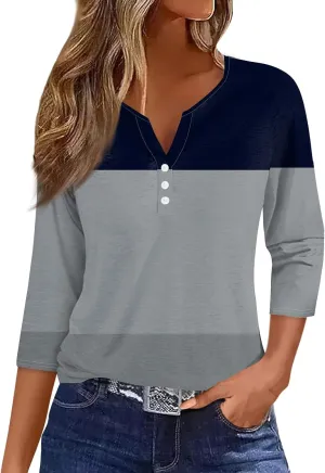 Women's 3/4 Sleeve Tops 2025 Summer Vacation Trendy Casual Shirts V Neck Loose Comfy Boho Clothes