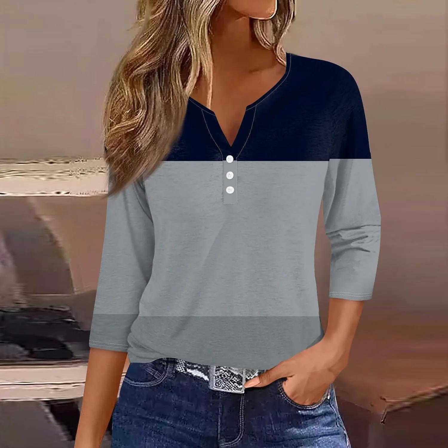 Women's 3/4 Sleeve Tops 2025 Summer Vacation Trendy Casual Shirts V Neck Loose Comfy Boho Clothes