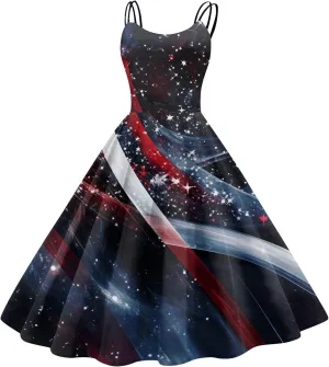 Womens 4th of July Dress Flag Print Sexy Spaghetti Strap Patriotic Punk Dresses A-Line Independence Day Clothes