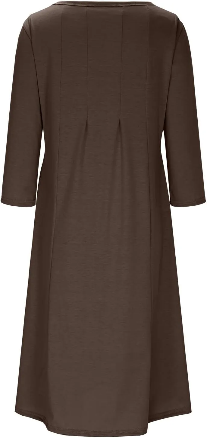 Womens A-line Midi Long Dress Trendy 3/4 Sleeve Plus Size Casual Spring Fall Dresses Crew Neck Shirt Long Tunic Dress