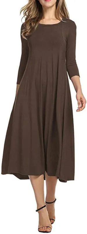 Womens A-line Midi Long Dress Trendy 3/4 Sleeve Plus Size Casual Spring Fall Dresses Crew Neck Shirt Long Tunic Dress