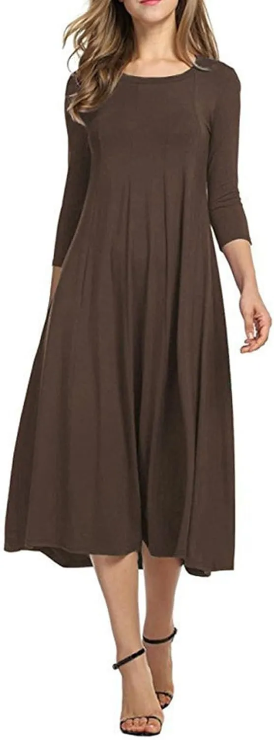Womens A-line Midi Long Dress Trendy 3/4 Sleeve Plus Size Casual Spring Fall Dresses Crew Neck Shirt Long Tunic Dress