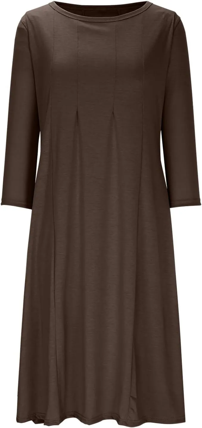 Womens A-line Midi Long Dress Trendy 3/4 Sleeve Plus Size Casual Spring Fall Dresses Crew Neck Shirt Long Tunic Dress