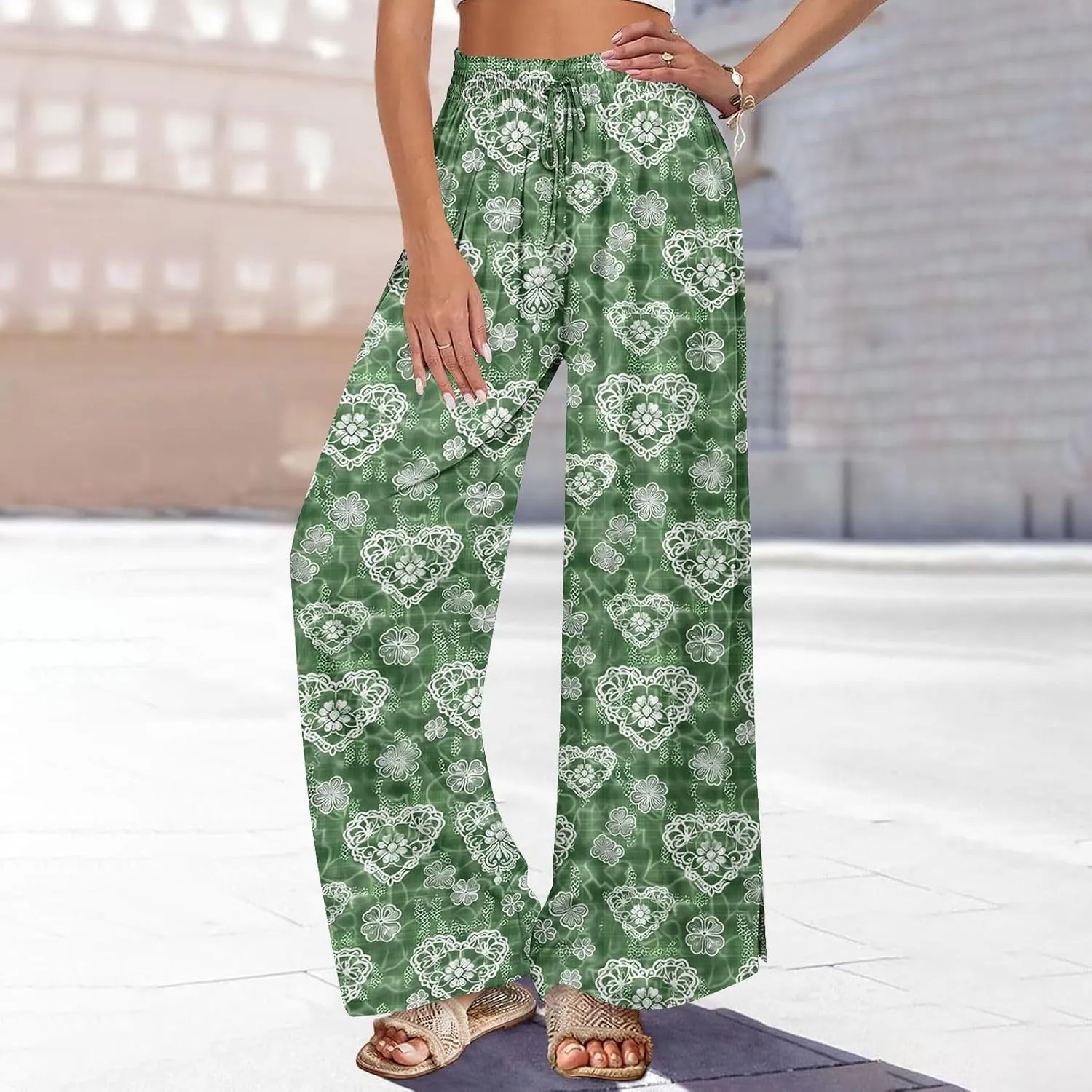 Women's Baggy Wide Leg Pants Plus Size Fashion Boho Floral Harem Trouser Lace up Elastic Waist Jogger Sweatpant