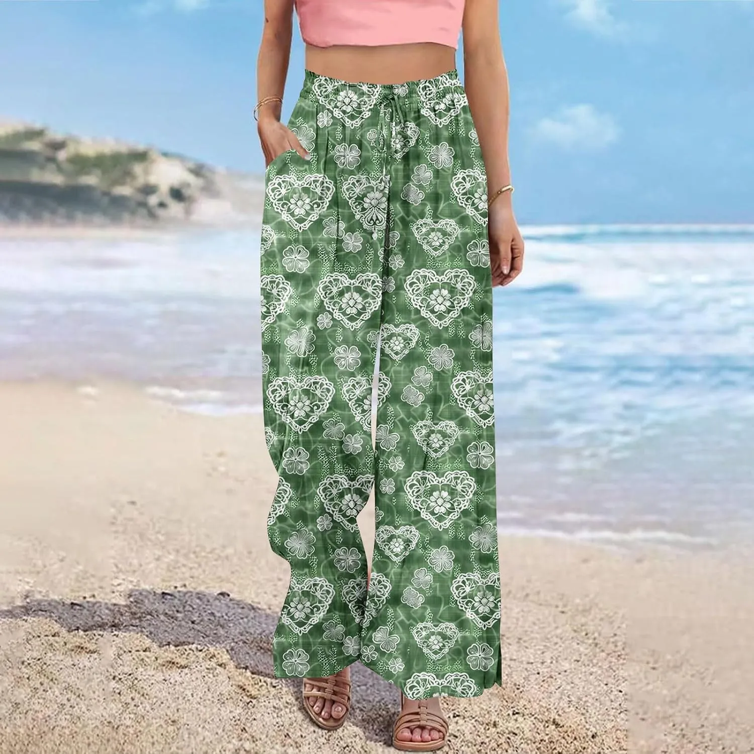 Women's Baggy Wide Leg Pants Plus Size Fashion Boho Floral Harem Trouser Lace up Elastic Waist Jogger Sweatpant