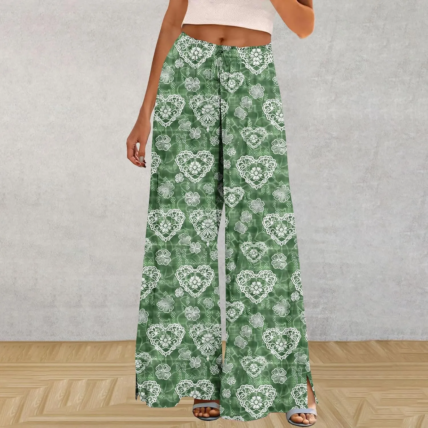 Women's Baggy Wide Leg Pants Plus Size Fashion Boho Floral Harem Trouser Lace up Elastic Waist Jogger Sweatpant