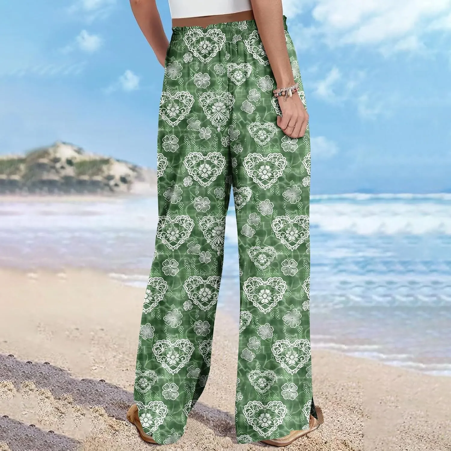 Women's Baggy Wide Leg Pants Plus Size Fashion Boho Floral Harem Trouser Lace up Elastic Waist Jogger Sweatpant