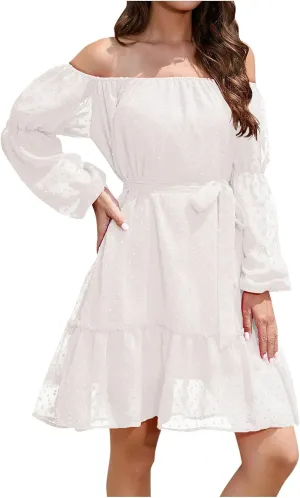 Womens Beach Mini Dress 2024 Long Puff Sleeve Smocked Ruffle Flowy Casual Dress Cute Off Shoulder Dress with Belt