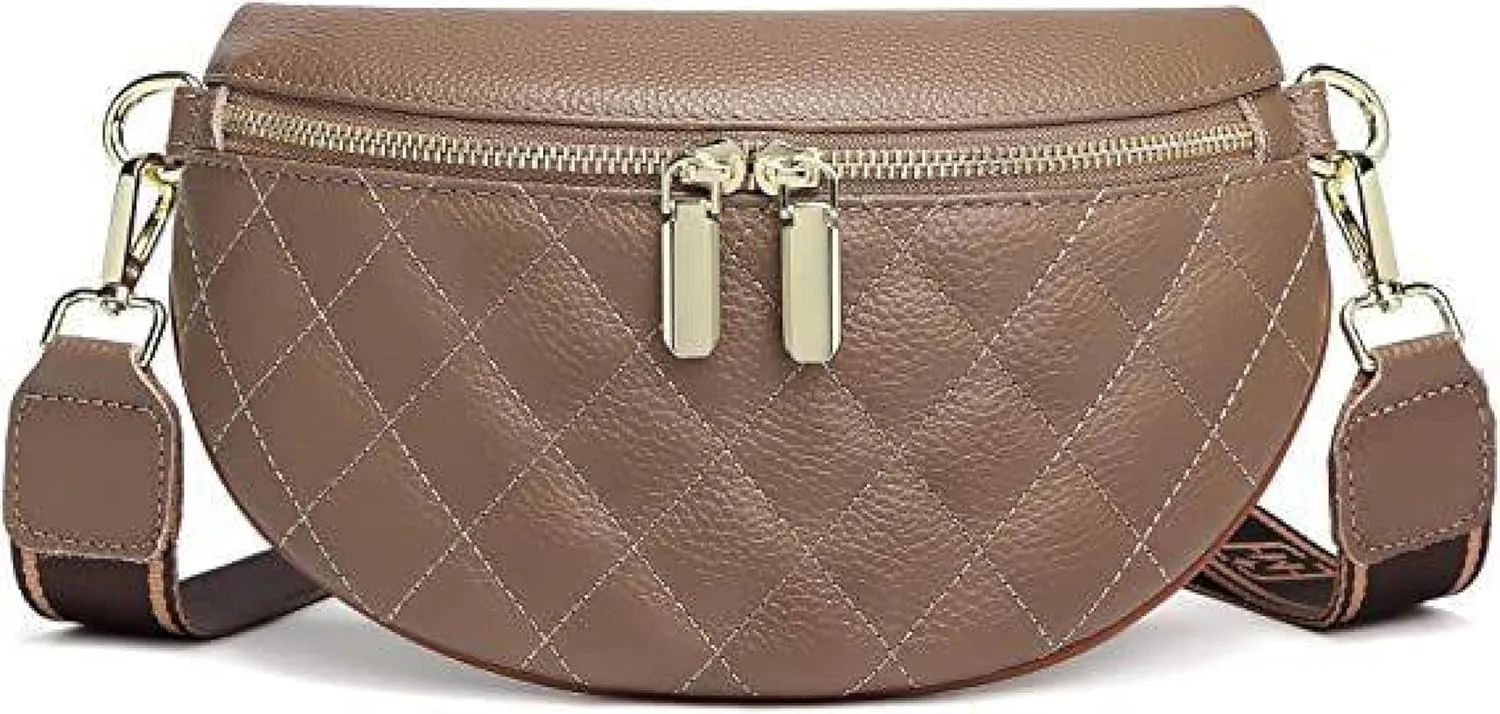Women's Belt Bag, Diamond Quilted Embroidery, Leather, Casual Women's Crossbody Bag, Travel Sports Chest Bag Khakicolor