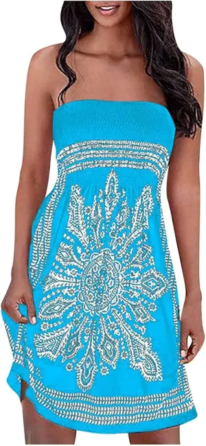 Womens Bohemian Tube Smocked Dress Off Shoulder Strapless Backless Ruffle Floral Beach Mini Dress (Color : Blue, Size : XX-Large)