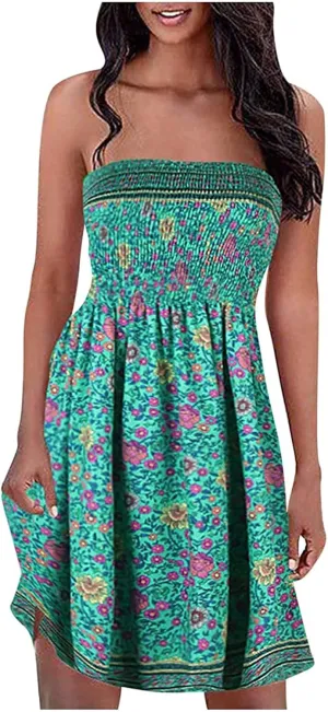 Womens Bohemian Tube Smocked Dress Off Shoulder Strapless Backless Ruffle Floral Beach Mini Dress (Color : Green1, Size : Large)