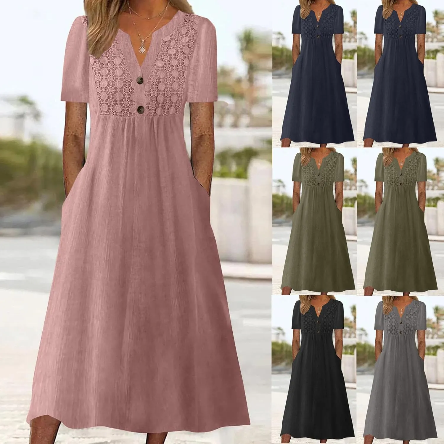 Women's Boho Button Down Lace Floral Dress Fashion Summer Short Sleeve Sexy V Neck Midi Trendy Casual Elegant Dresses