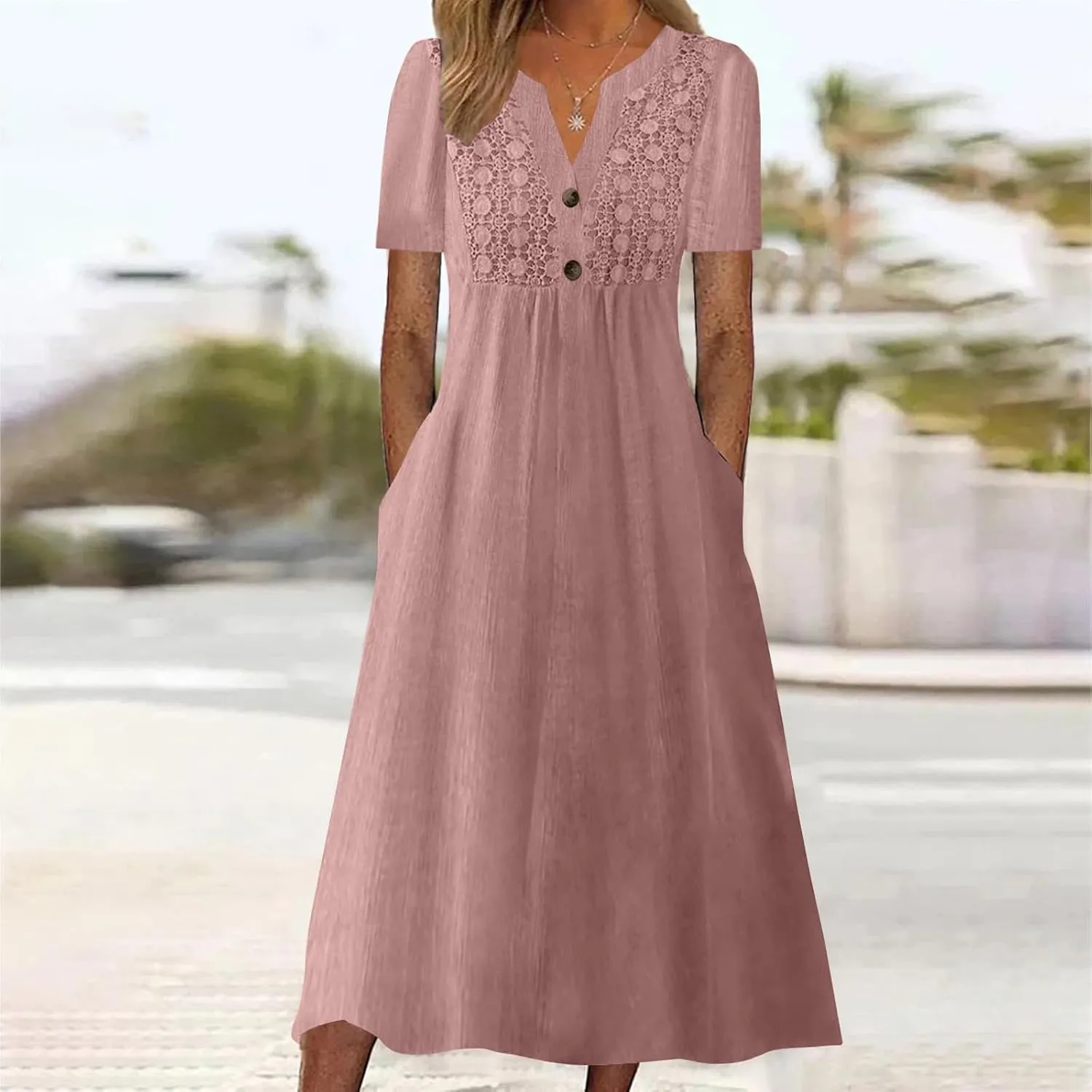 Women's Boho Button Down Lace Floral Dress Fashion Summer Short Sleeve Sexy V Neck Midi Trendy Casual Elegant Dresses