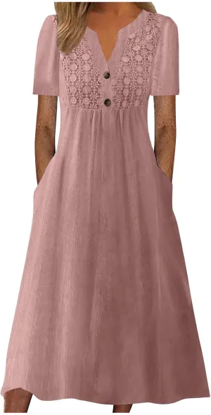 Women's Boho Button Down Lace Floral Dress Fashion Summer Short Sleeve Sexy V Neck Midi Trendy Casual Elegant Dresses