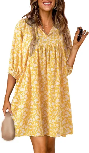 Womens Boho Dresses Summer Casual 3/4 Lantern Sleeve V Neck Babydoll Mini Dress Beach Vacation Shift Sundress