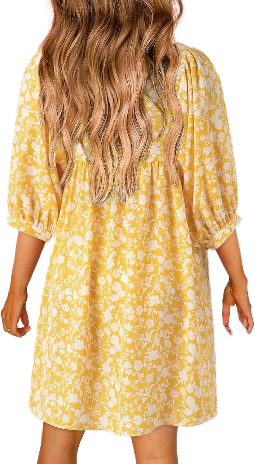Womens Boho Dresses Summer Casual 3/4 Lantern Sleeve V Neck Babydoll Mini Dress Beach Vacation Shift Sundress