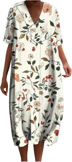 Womens Boho Floral Beach Dress V Neck Vintage Retro Dresses Plus Size Loose Comfort Sundresses Short Sleeve Outfit