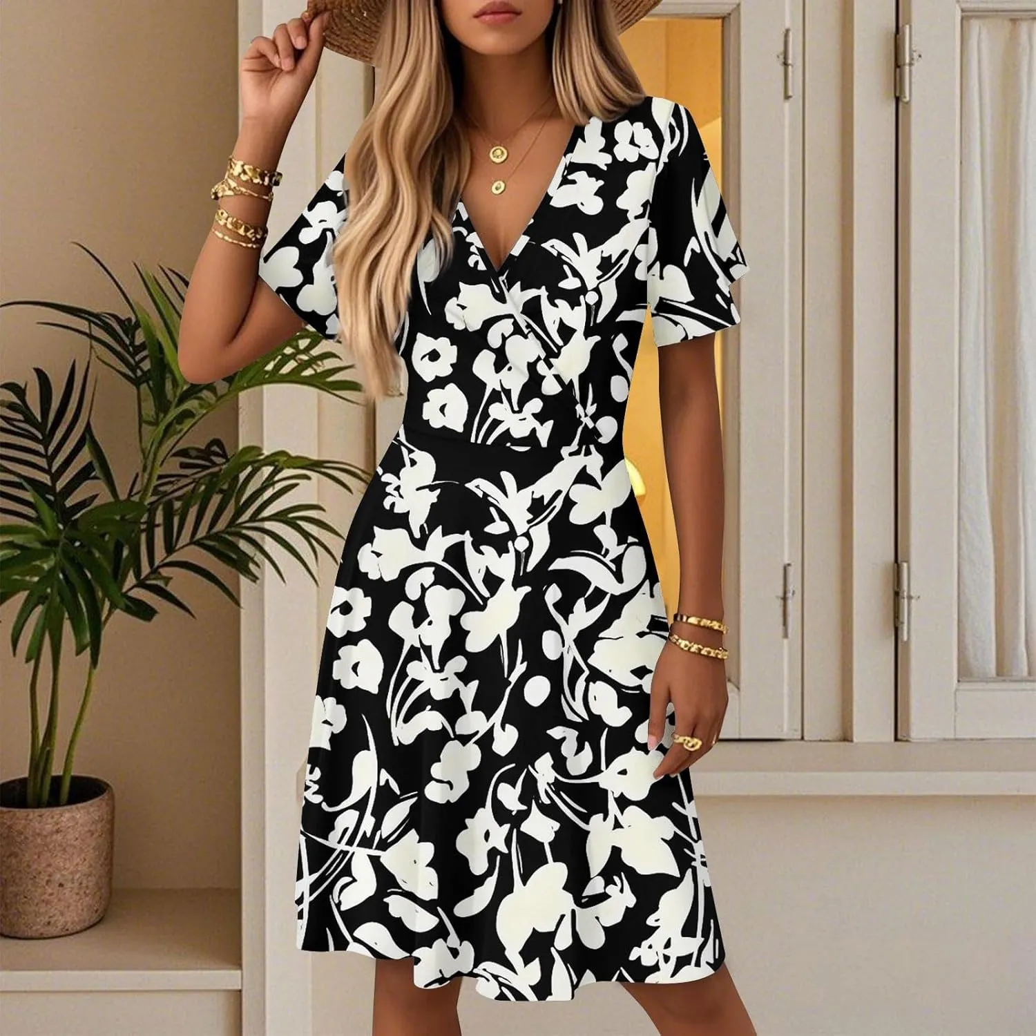 Women's Boho Floral Knee Length Summer Sundresses, V-Neck Short Sleeve High Waist Loose Fit Casual Beach Dress