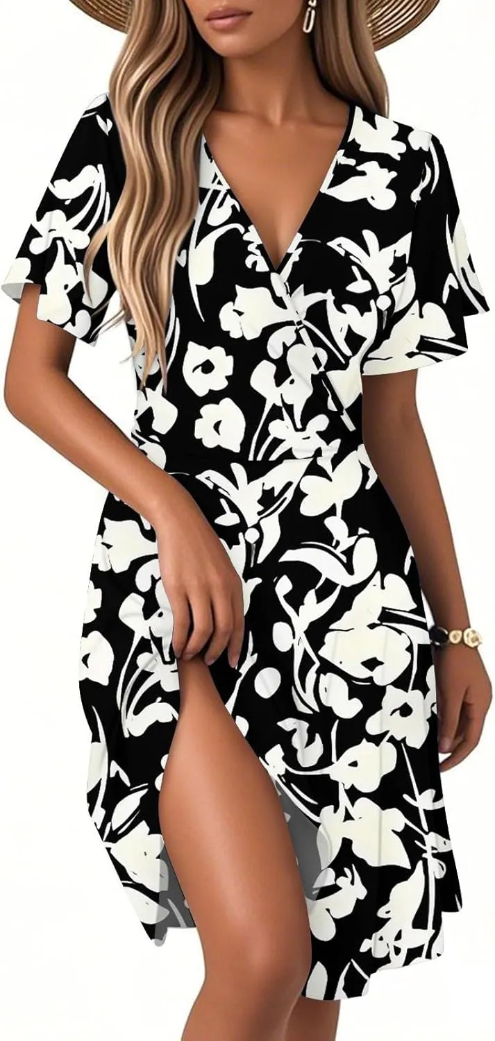 Women's Boho Floral Knee Length Summer Sundresses, V-Neck Short Sleeve High Waist Loose Fit Casual Beach Dress