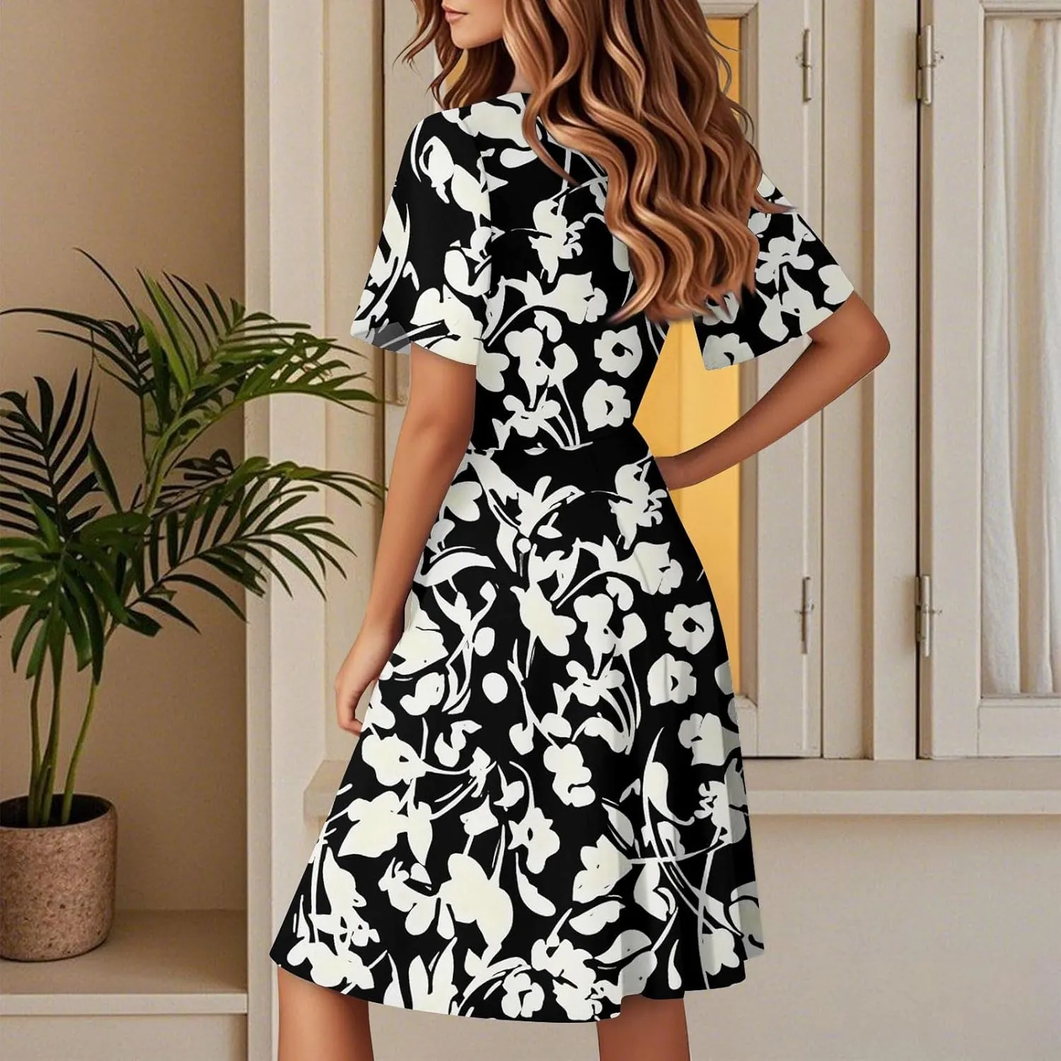 Women's Boho Floral Knee Length Summer Sundresses, V-Neck Short Sleeve High Waist Loose Fit Casual Beach Dress