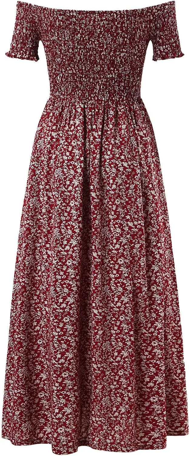 Women's Boho Floral Print Off Shoulder Split Long A Line Dress Floral Short Sleeve A Line Beach Vacation Dresses