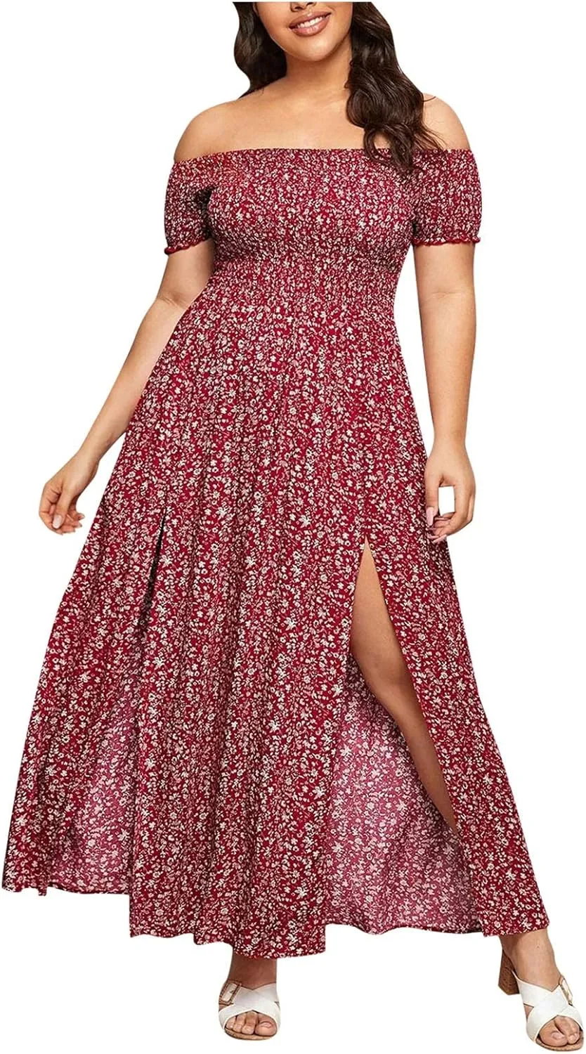 Women's Boho Floral Print Off Shoulder Split Long A Line Dress Floral Short Sleeve A Line Beach Vacation Dresses