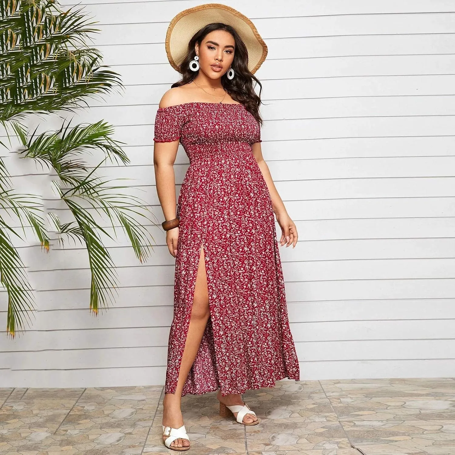Women's Boho Floral Print Off Shoulder Split Long A Line Dress Floral Short Sleeve A Line Beach Vacation Dresses