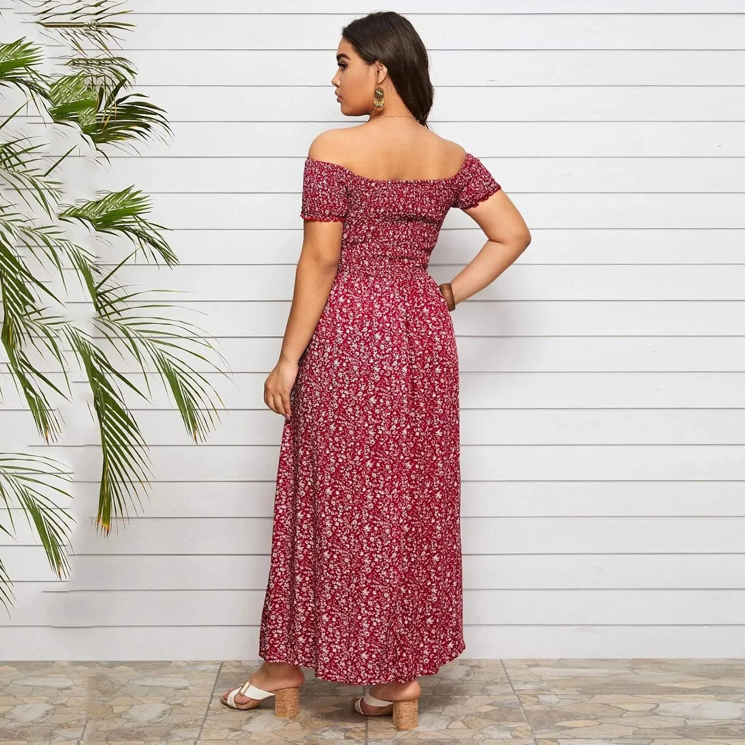 Women's Boho Floral Print Off Shoulder Split Long A Line Dress Floral Short Sleeve A Line Beach Vacation Dresses