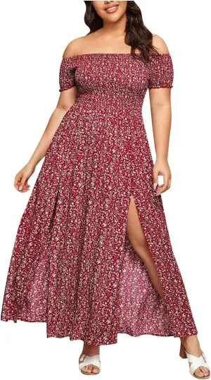 Women's Boho Floral Print Off Shoulder Split Long A Line Dress Floral Short Sleeve A Line Beach Vacation Dresses
